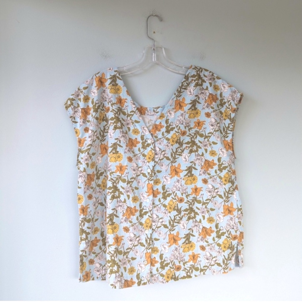 Cynthia Rowley Blue Floral Linen Button Back Top π - Picture 3 of 10